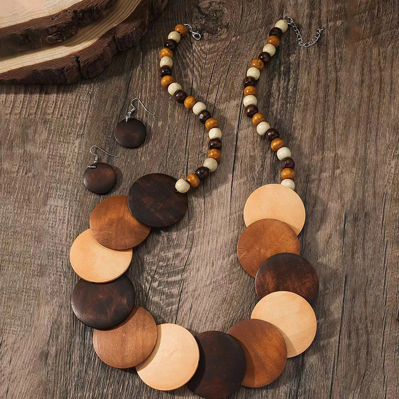 FTCY Bohemian Vintage Wood Necklace for Women Handmade Exaggerated Necklace Earring Jewelry Sets Women's Party Gifts