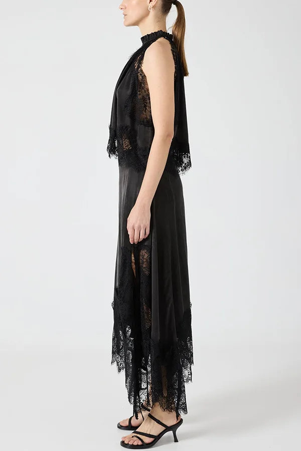 Fashion O-neck Sleeveless Top & Long Skirt Suit Women Sexy Lace Patchwork Solid Party Outfits Elegant Hollow Out Loose 2Pc Sets