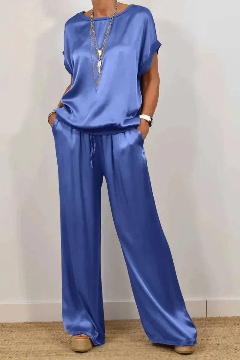 Casual Loose Satin T Shirt And Pants Two Piece Sets Women Summer Solid Short Sleeve T Shirts Suit Elegant Wide Leg Pants Sets