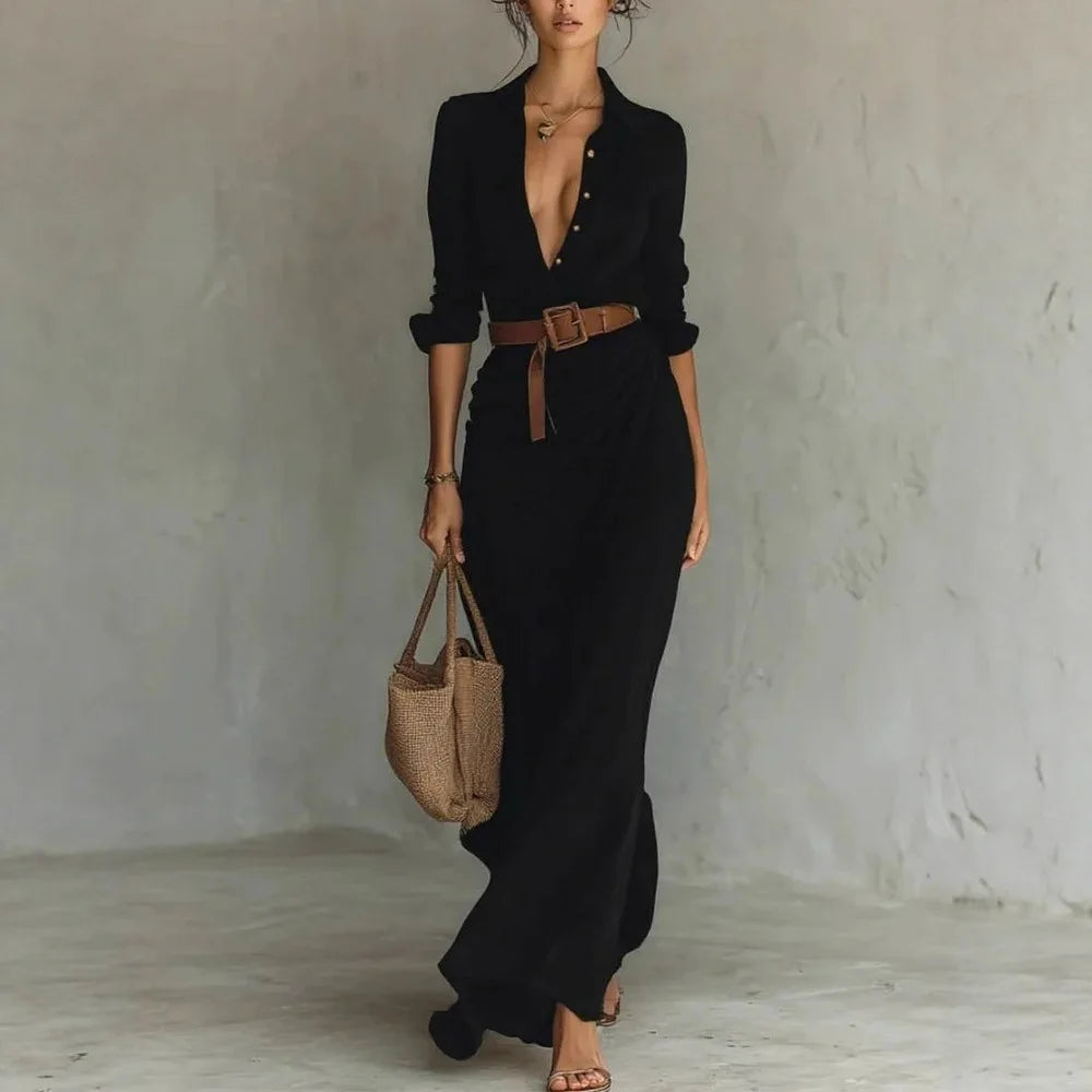 2025 New Autumn Woman Sexy Deep V Neck Hollow Long Dress Elegant Solid Belted Irregular Party Long Sleeve Slim Casual Dresses