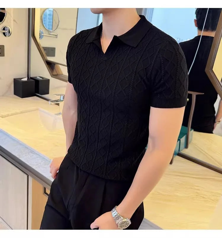 Summer Knitted Solid Color V-Neck Quick Drying Breathable Cool Business Slim Fit Casual Men's Golf Polo Shirt T-Shirt Top