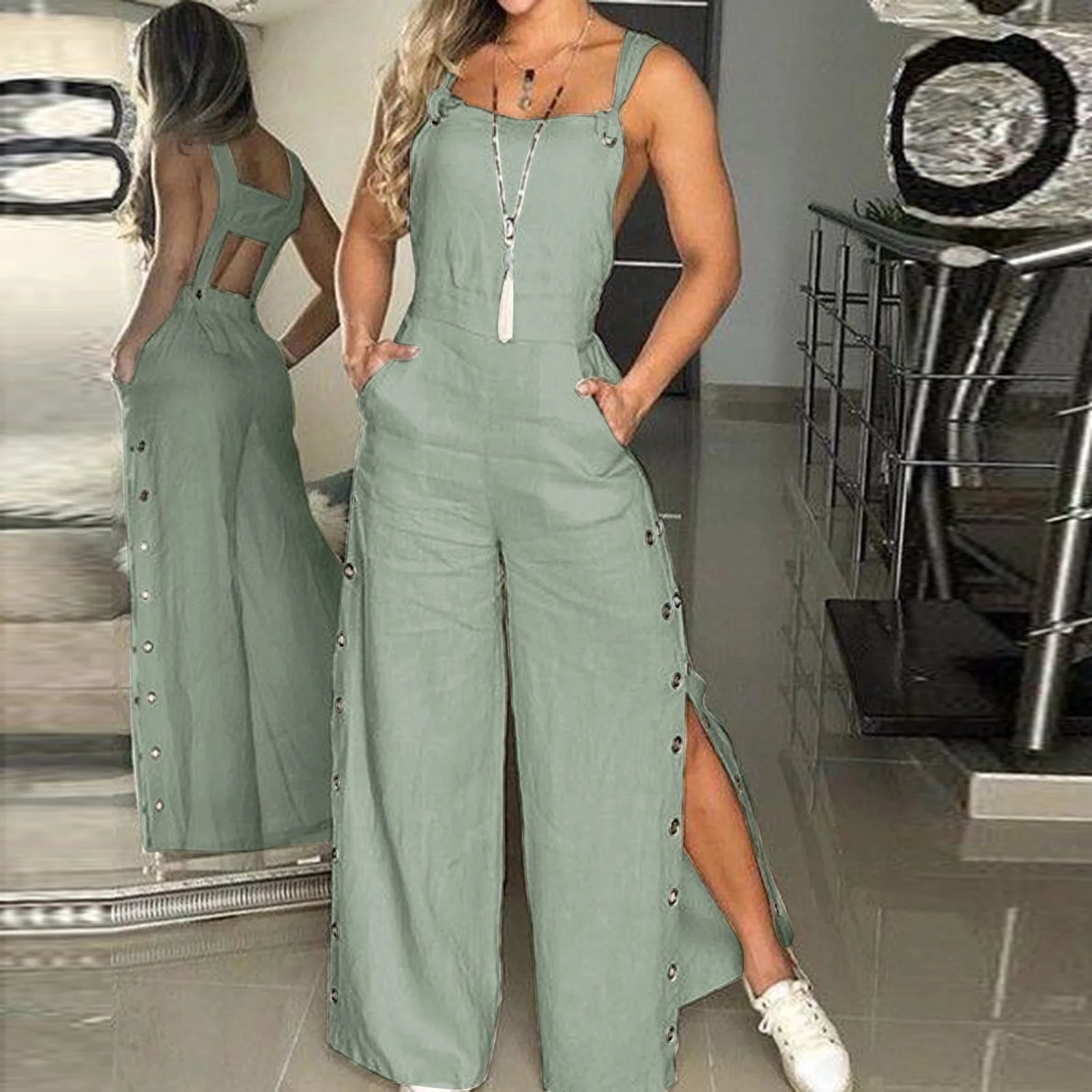 Monos de lino y algodón sin mangas para mujer, monos con apertura de botones laterales y tiras, pantalones largos sueltos de pierna ancha, monos femeninos de verano