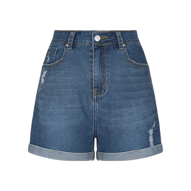 Pantalones cortos vaqueros desgastados y enrollados para mujer, novedad de verano, pantalones cortos vaqueros rectos adelgazantes, moda coreana, pantalones cortos lisos para mujer