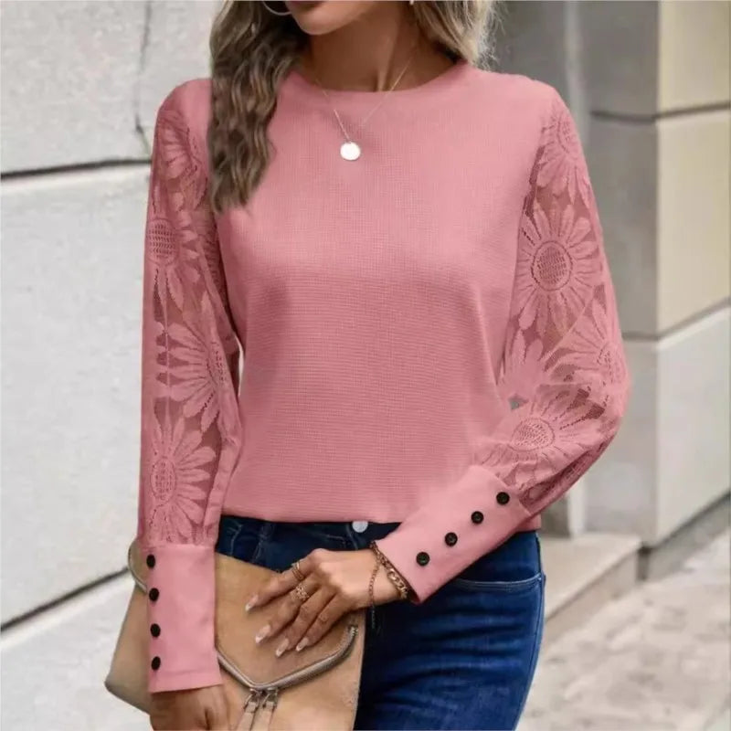 White Elegant Women's Round Neck Office Fashionable Shirt Autumn And Winter Casual Lace Cuffs Long Sleeved Button Up Blouse