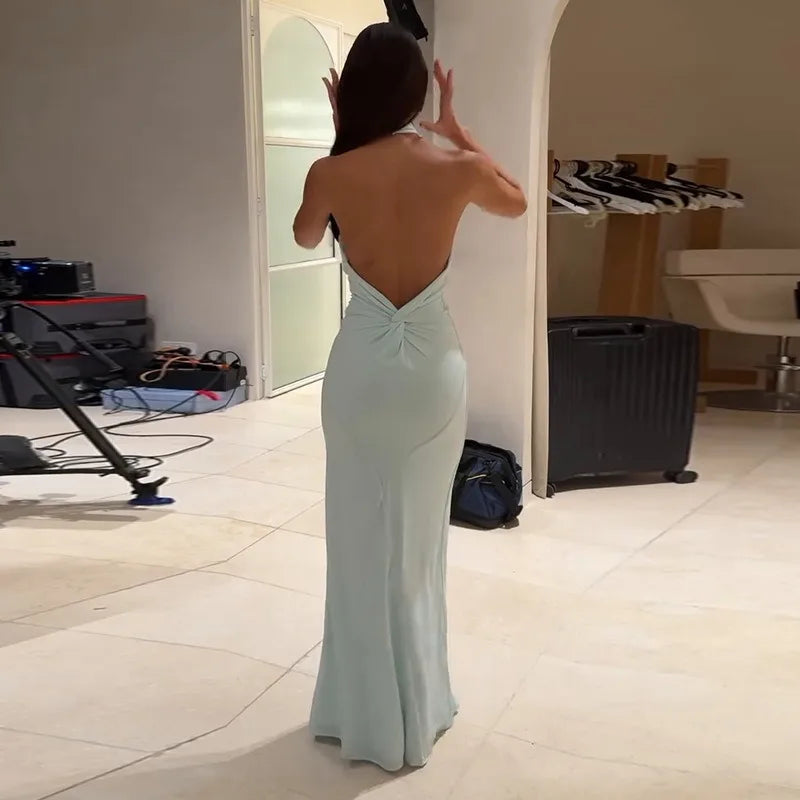 Women Long Bodycon Dress Sleeveless Halter Neck Backless Cold Shoulder Mermaid Guest Ruched Prom Party Club Going Out Maxi Dress