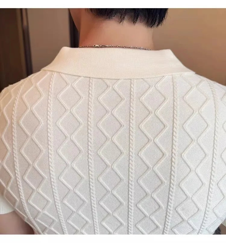 Summer Knitted Solid Color V-Neck Quick Drying Breathable Cool Business Slim Fit Casual Men's Golf Polo Shirt T-Shirt Top