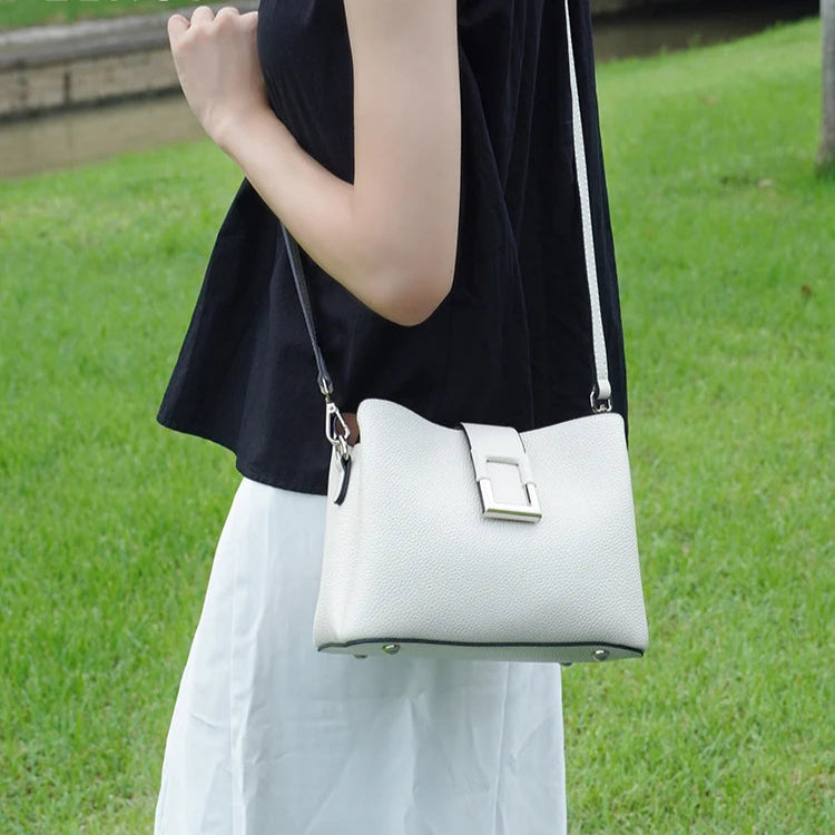 Zency Genuine Leather White Designer Noble Shopper Shoulder Bag Commuter Large Bucket Handbag Women Tote Bucket Cross Body Bag