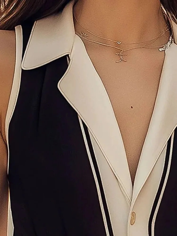 Bonboho Women's Black & White Notched Collar Sleeveless Blouse & Shirt Contrast Color Buttoned T-Shirt Female Elegant Vest Tops