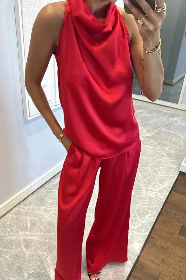 Summer Women Casual Satin Solid Color Commuting Suit Simple Loose Outfit Fashion O-neck Sleeveless Top and Long Pants 2pcs Set