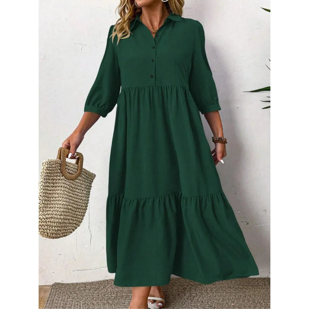 Plus Size Casual Dress with Mid-Length Sleeves Front Pleated Button Detail Fashionable Everyday Wear for Women Dress