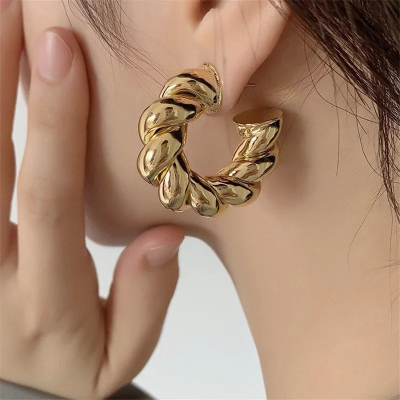 Trendy Circle Twists Earring for Women Simple Temperament Hyperbole Gold Color Ear Daily Wear Jewelry Party Earrings for Women