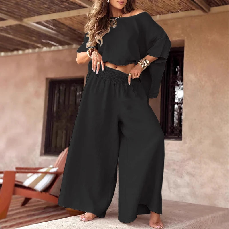 2025 Spring O-Neck Loose Women's Suit Sexy Off Shoulder Top Pullover & Wide Leg Pant Sets Summer Female Two Piece Casual Outfits