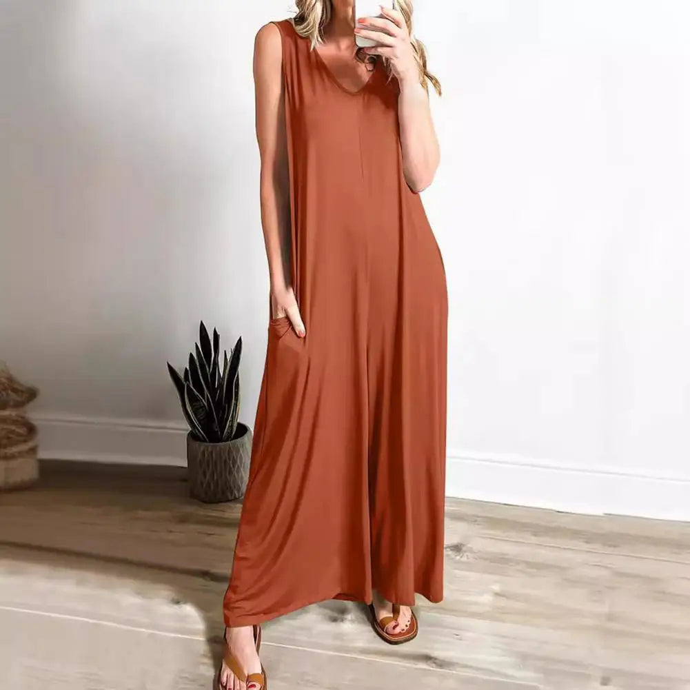 Mono de Color liso para mujer, mono de pierna ancha, mono elegante de verano para mujer con corte bajo, cuello en V, pierna ancha plisada, suelto para usar