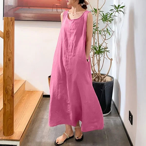 Vestido largo elegante de lino y algodón para mujer, novedad de verano, vestido holgado con cuello redondo y bolsillos, vestido de estilo Simple sin mangas