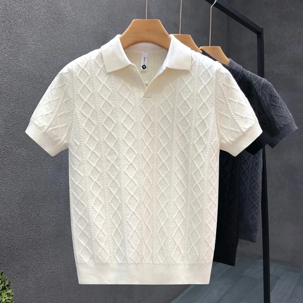 Summer Knitted Solid Color V-Neck Quick Drying Breathable Cool Business Slim Fit Casual Men's Golf Polo Shirt T-Shirt Top