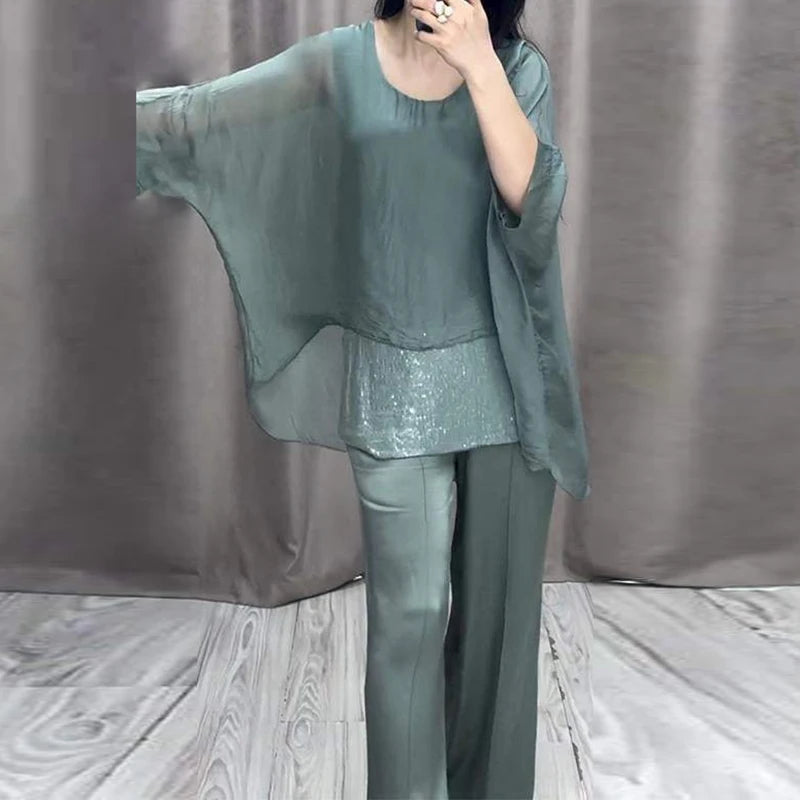 Spring Retro Patchwork Sequin Outfit Women Casual Round Neck Top Pullover & Long Pants Set Summer Batwing Sleeve Loose 2pcs Suit
