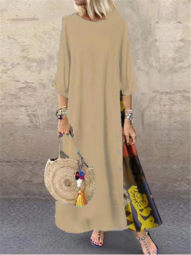 Women Vintage Print Patchwork Maxi Dress Boho 3/4 Sleeve Oversized Long Dress Casual Harajuku O Neck Loose Dress Elegant Robe