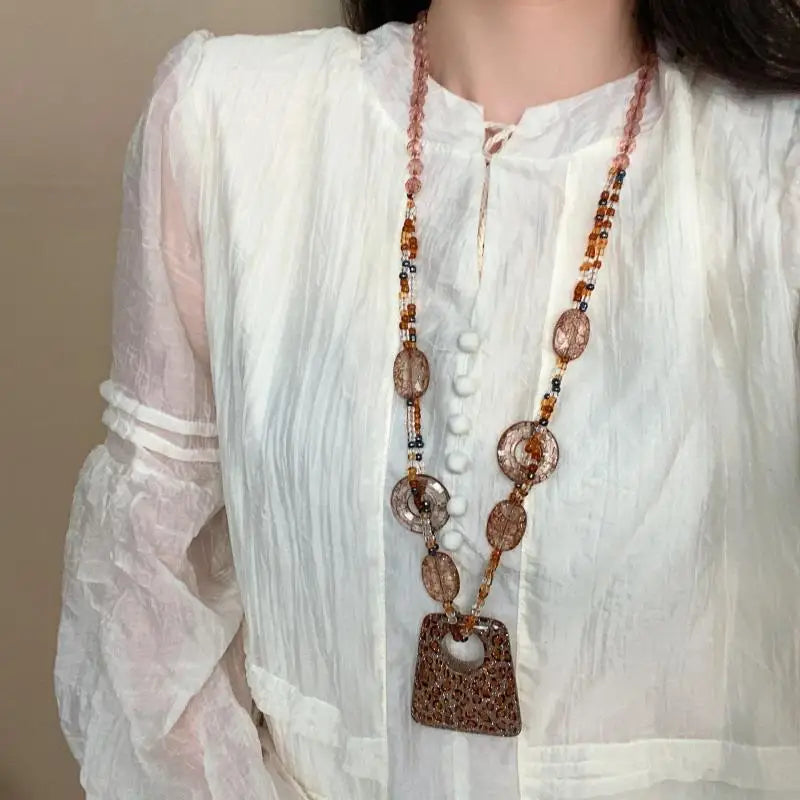 Ethnic Sle Round Resin Leopard Long Sweater Chain Necklace Retro Crystal Pendant Female Jewelry Neck Accessories