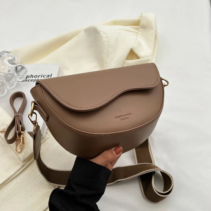 Women Vintage Solid Color Flap Small Saddle Shoulder Underarm Bag Fashion PU Leather Wide Strap Crossbody Bag