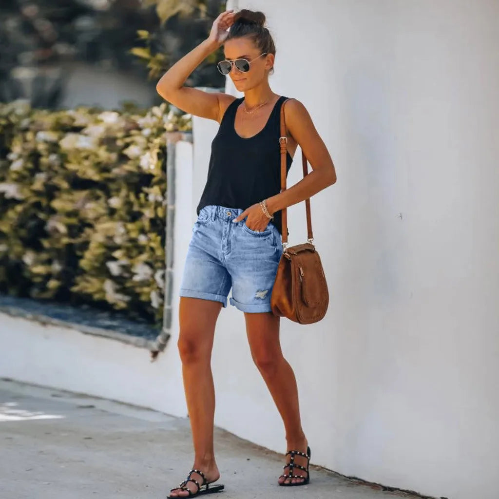 Pantalones vaqueros De bolsillo, pantalones cortos De mezclilla De verano, pantalones vaqueros para Mujer, pantalones cortos informales con agujero inferior, pantalones vaqueros De estilo roto, Pantalones De Mujer