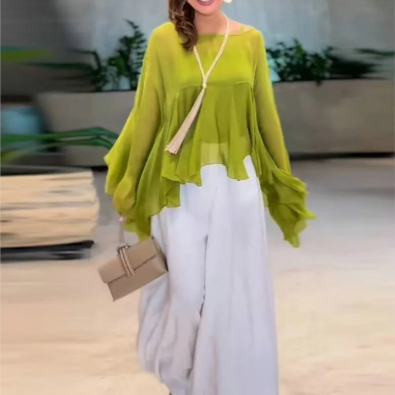 2025 New Temperament Commuter Women's Set Fashion Solid Color Loose Long Sleeve Top Casual Simple Wide-leg Pants Two-piece Set