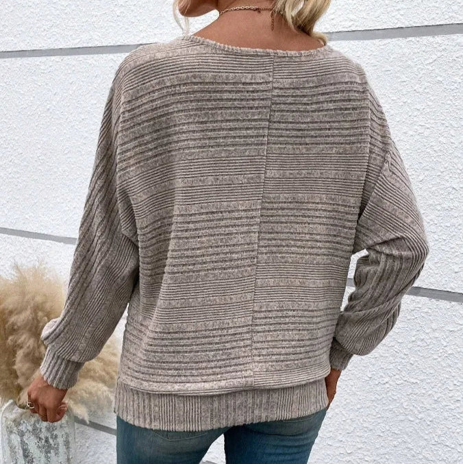 Khaki Casual Ladies T-shirt Round Neck Pullover Long Sleeved Groove Striped Bat Sleeve Splicing Solid Color T-shirt Top New 2025