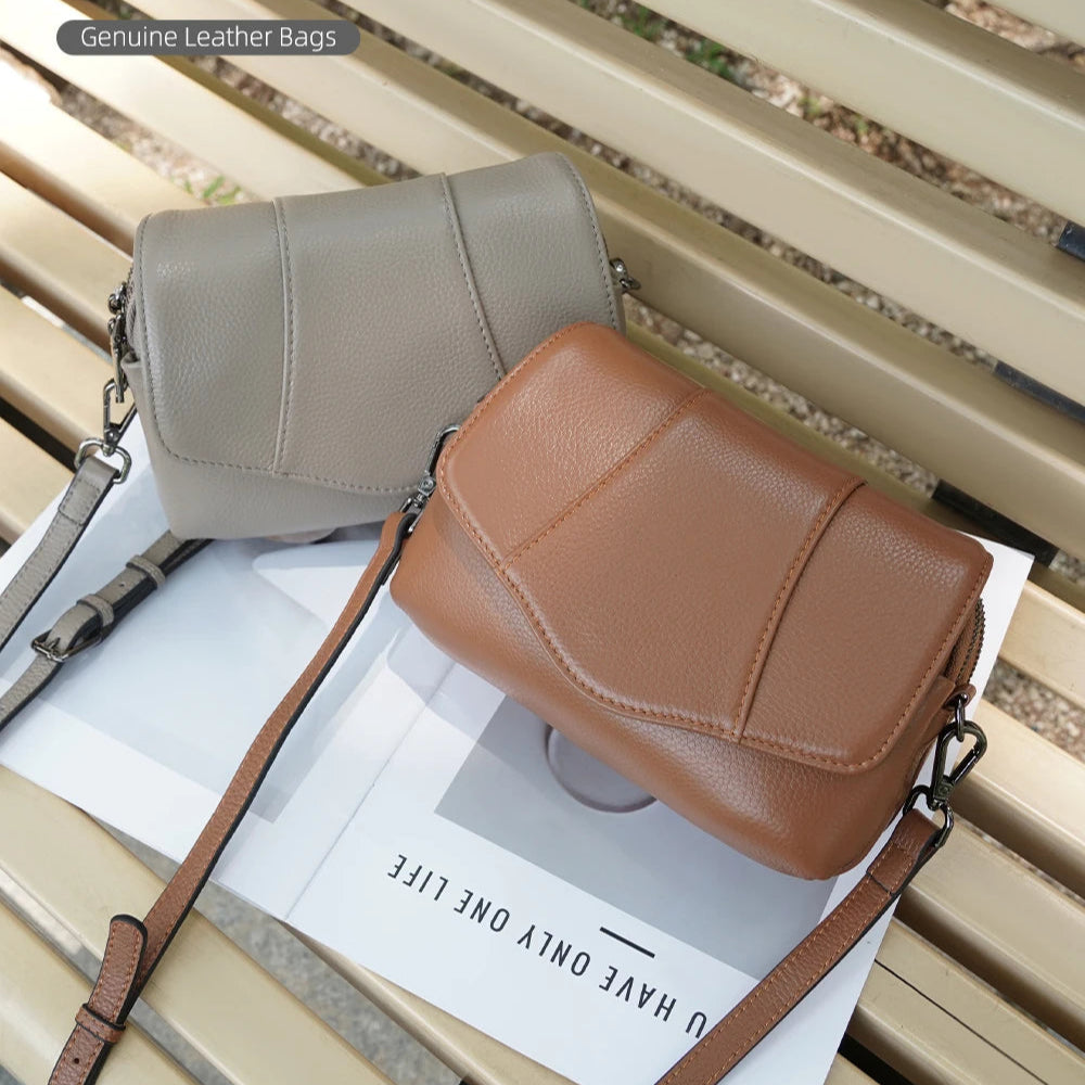 Zency Retro Genuine Leather Shell Bag for Women Simple Multi-compartment Shoulder Handbag Satchel Ladies Fashion Crossbody Bag