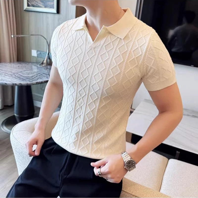 Summer Knitted Solid Color V-Neck Quick Drying Breathable Cool Business Slim Fit Casual Men's Golf Polo Shirt T-Shirt Top