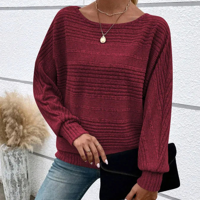 Khaki Casual Ladies T-shirt Round Neck Pullover Long Sleeved Groove Striped Bat Sleeve Splicing Solid Color T-shirt Top New 2025