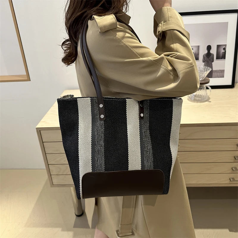 Women Canvas Tote Bag Striped Shoulder Bag Trendy Large Capacity Satchel Bag for Work Travel Shopping