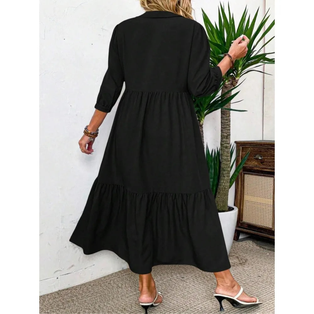 Plus Size Casual Dress with Mid-Length Sleeves Front Pleated Button Detail Fashionable Everyday Wear for Women Dress