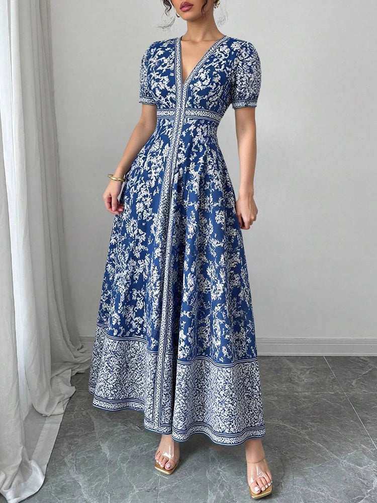 Rafiah Women's Even Dress 2025 Summer Modest Fashion Chinese Style Graphic Printing Short Puff Sleeve V-Neck Draped Long Dress
