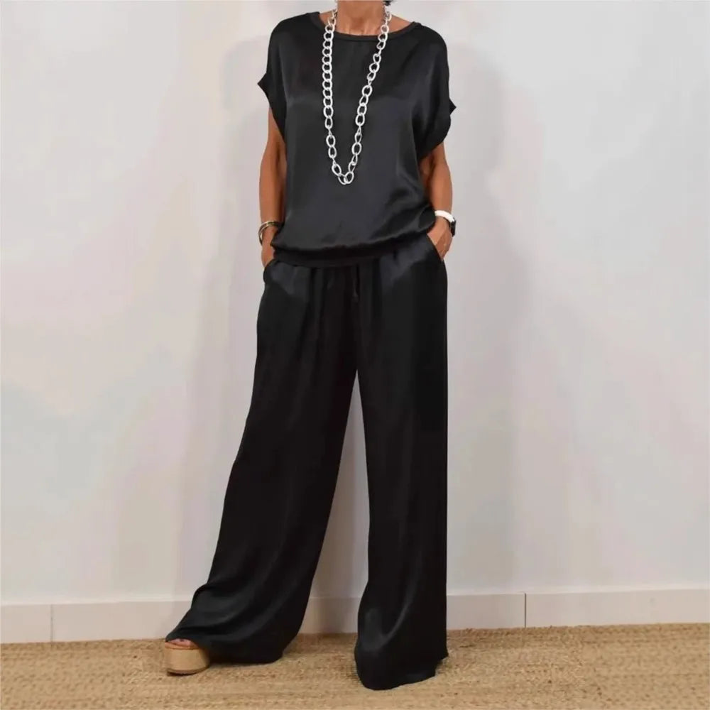 Casual Loose Satin T Shirt And Pants Two Piece Sets Women Summer Solid Short Sleeve T Shirts Suit Elegant Wide Leg Pants Sets