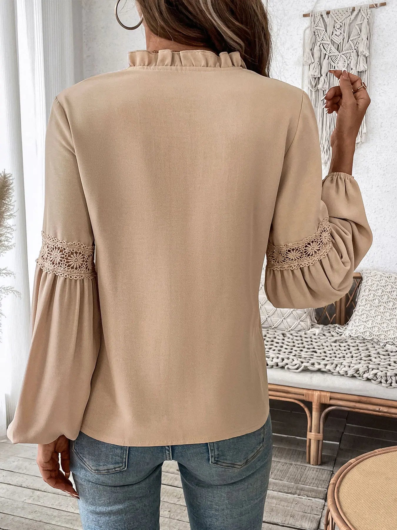 2025 Spring Khaki Casual V Neck Pullover Top Women Lantern Long Sleeve T-shirt Lady Elegant Autumn Ruffle Club Tops Clothes