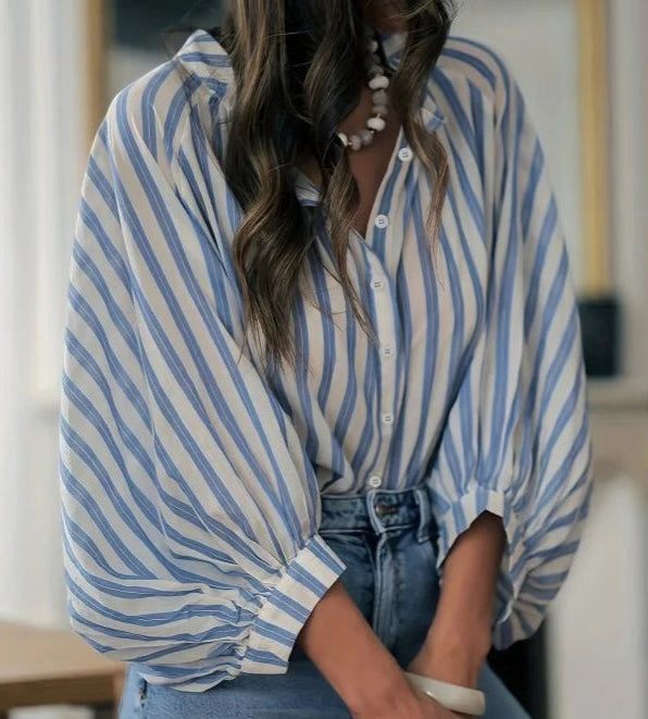 Plus Size 1XL-5XL New Women's Casual Striped Shirt Fashion Long Sleeve O Neck Button Loose Shirts Top