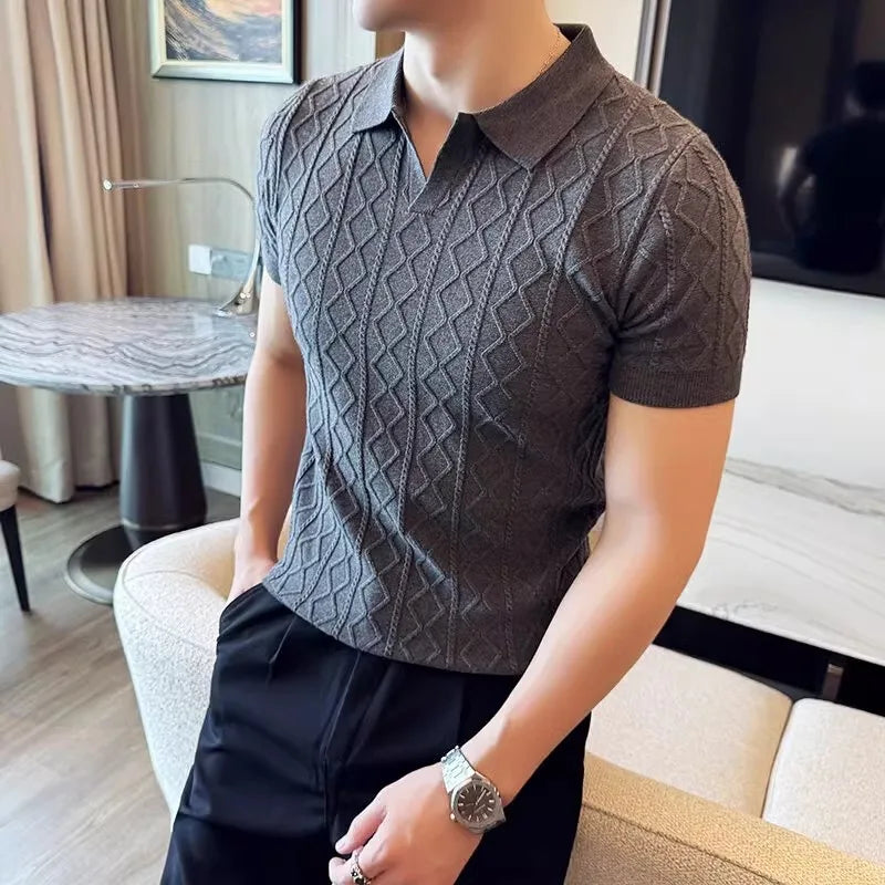 Summer Knitted Solid Color V-Neck Quick Drying Breathable Cool Business Slim Fit Casual Men's Golf Polo Shirt T-Shirt Top