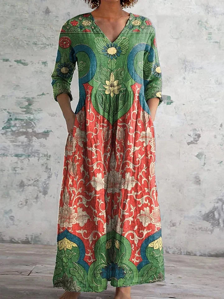 Abstract Geometric Print Maxi Dress Long Sleeve V-Neck, Women's Modern Art Pattern Dress with Pockets, Contemporary Style Gown