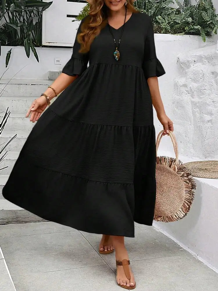 2024 Spring and Summer New Large V-neck Splicing Multi color Multi plus size Long Style Large Swing Dress