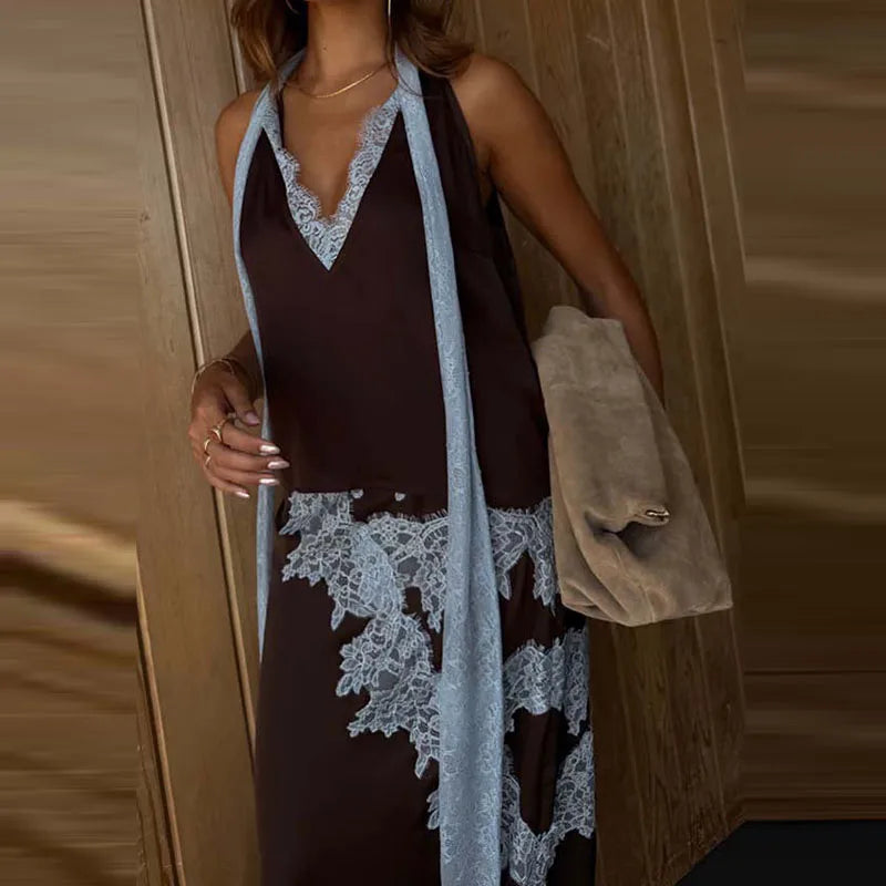 Fashion Sleeveless Hollow Party Outfit Lace Patchwork Satin Slim 2 Piece Set Lady Temperament Halter Neck Top + Long Skirt Suit