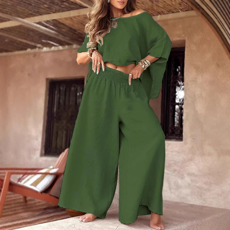 2025 Spring O-Neck Loose Women's Suit Sexy Off Shoulder Top Pullover & Wide Leg Pant Sets Summer Female Two Piece Casual Outfits