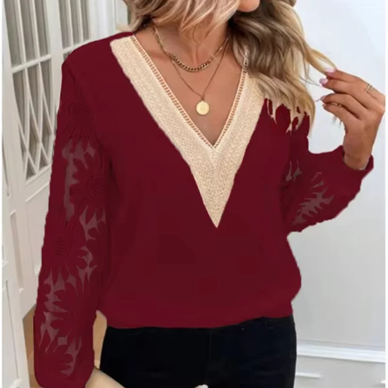 3 Solid Color Perspective Lace Long Sleeve Blouse Women's V-Neck Hollowed Out T-Shirt Elegant Daily Office Autumn Top