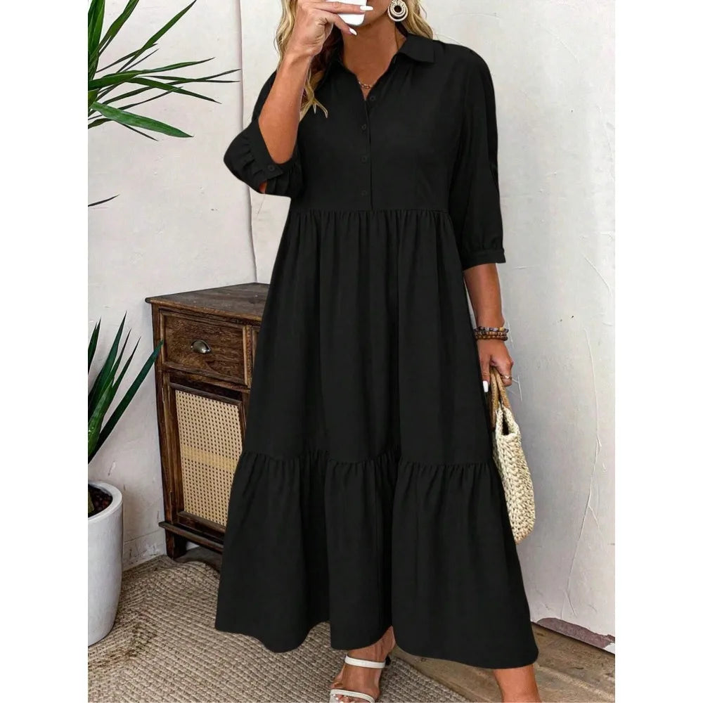 Plus Size Casual Dress with Mid-Length Sleeves Front Pleated Button Detail Fashionable Everyday Wear for Women Dress