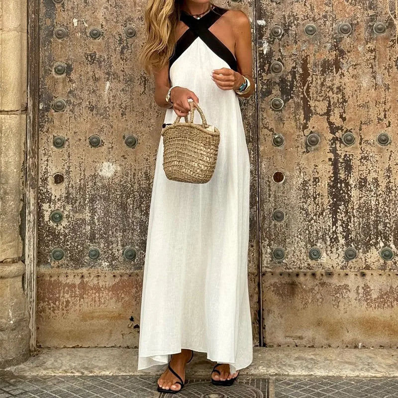 Summer Fashion Solid Color Hanging Neck Strap Sleeveless Cotton And Hemp Dresses Elegant Women's Sexy Cross Neck Maxi Vestidos