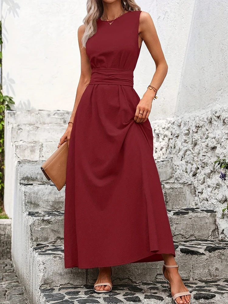 Stylish Sleeveless Summer Dress A-line Maxi Long Dresses With Pockets Sashes Solid Elegant Women's Dresses 2025 Woman Clothing