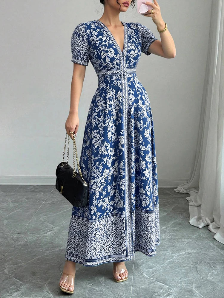 Rafiah Women's Even Dress 2025 Summer Modest Fashion Chinese Style Graphic Printing Short Puff Sleeve V-Neck Draped Long Dress