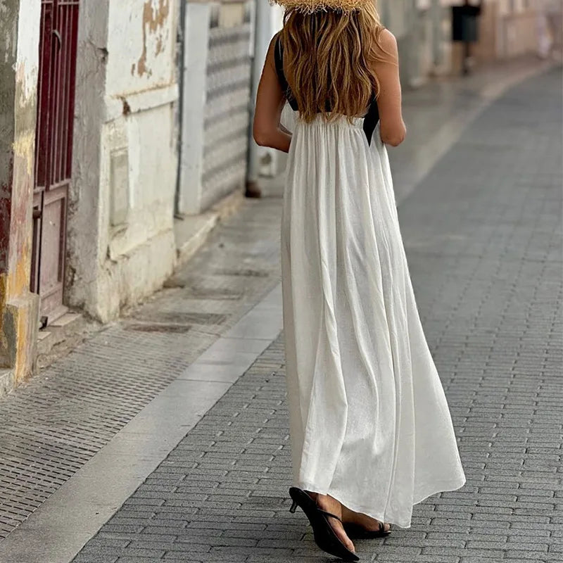 Summer Fashion Solid Color Hanging Neck Strap Sleeveless Cotton And Hemp Dresses Elegant Women's Sexy Cross Neck Maxi Vestidos