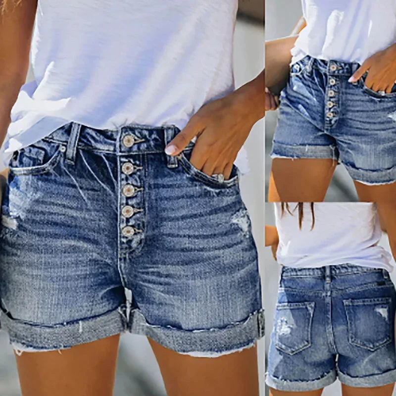 Pantalones cortos adelgazantes de estilo americano versátiles de alta calidad para mujer, pantalones vaqueros para mujer, pantalones cortos con botones perforados, pantalones cortos vaqueros con bordes enrollados para niñas