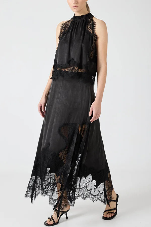 Fashion O-neck Sleeveless Top & Long Skirt Suit Women Sexy Lace Patchwork Solid Party Outfits Elegant Hollow Out Loose 2Pc Sets