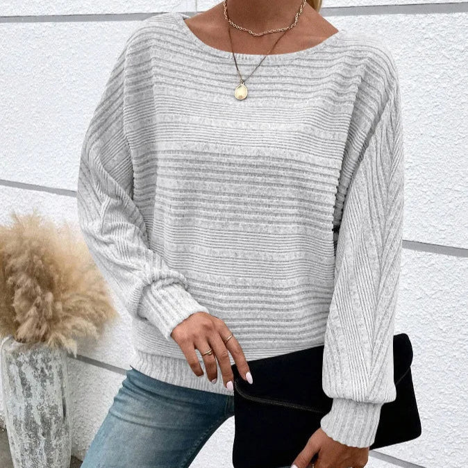 Khaki Casual Ladies T-shirt Round Neck Pullover Long Sleeved Groove Striped Bat Sleeve Splicing Solid Color T-shirt Top New 2025
