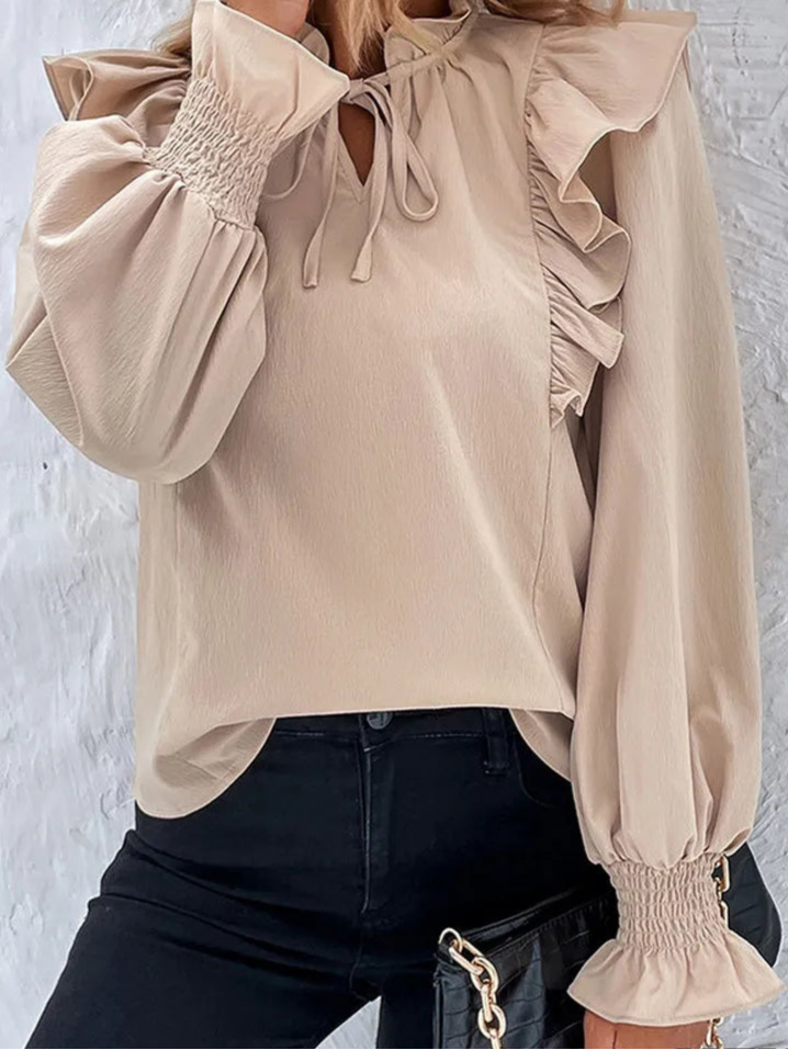 2025 Elegant Spring Female Solid Ruffle Shirt Women Casual Lantern Long Sleeve Top Autumn Office Lady Pullover Tops Clothes